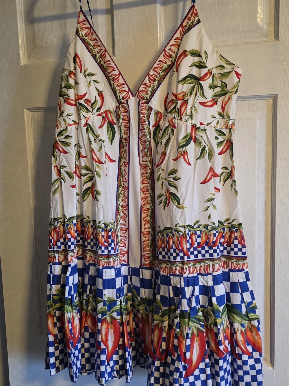 NWOT FarmRio White Floral & Chili Print Spaghetti Strap Dress, Size XL